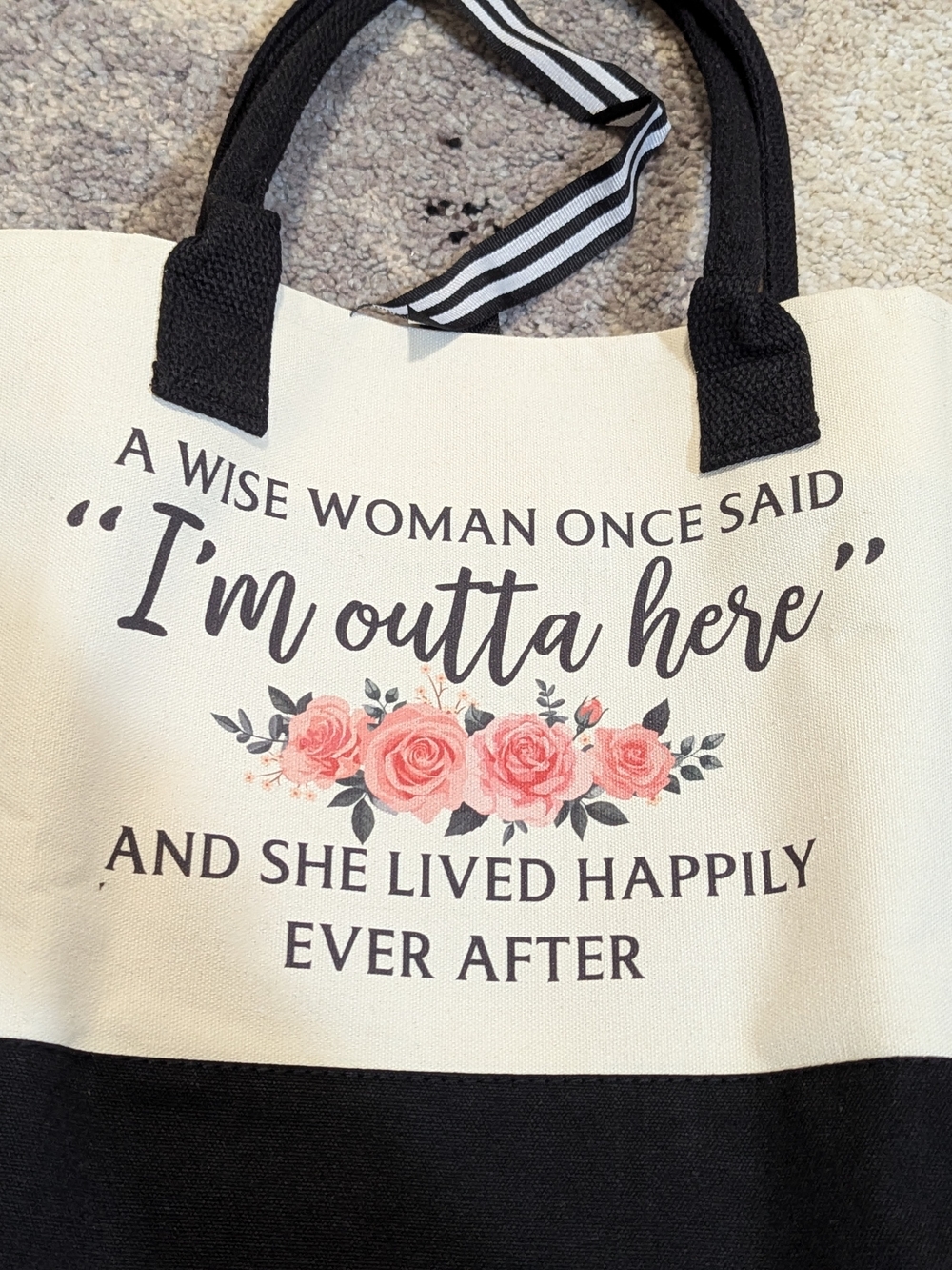 Canvas Quote Tote Bag with Rose Graphic - Black & Cream